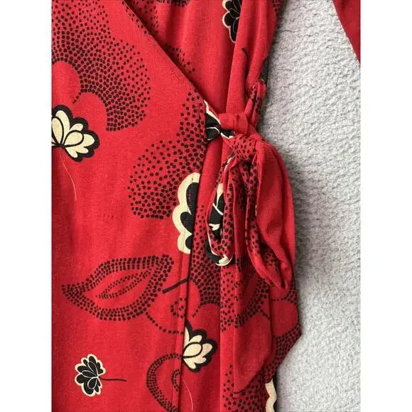 Tristan & Iseut Wrap Dress Small Knee Japanese Floral Red Ruffle Retro 70s Y2K - Picture 2 of 16